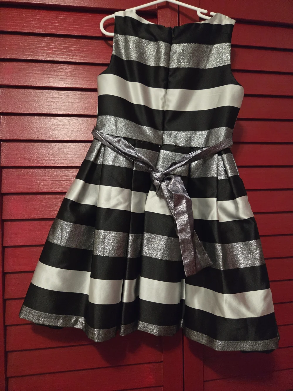 Bonnie Jean Black, White & Silver Striped Formal Dress with Bow
